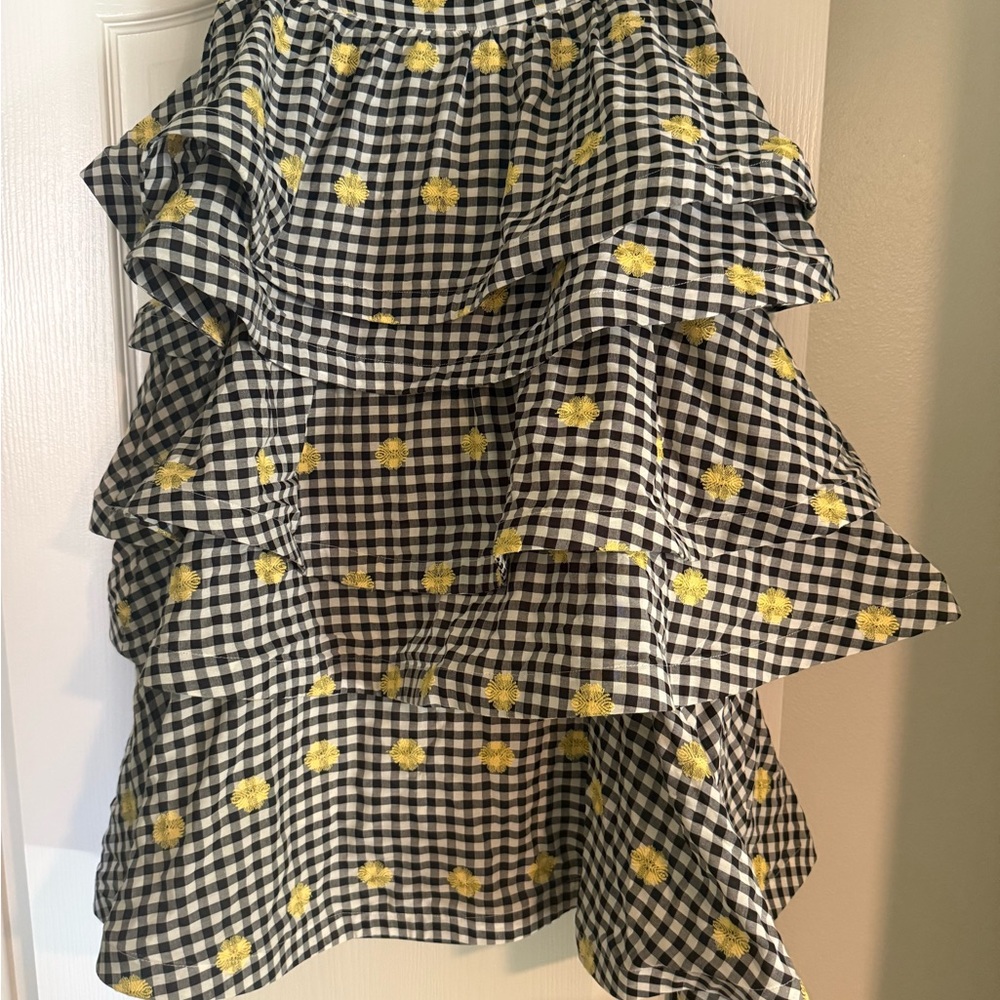 Black & White Gingham Midi Skirt with Yellow Floral Embroidery
